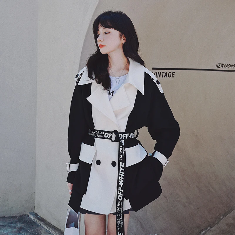 

Spring Autumn Fashion Splice Contrast Color Short Trench Coat for Women Elegant Korean Loose Belted Windbreaker Outerwear Q603