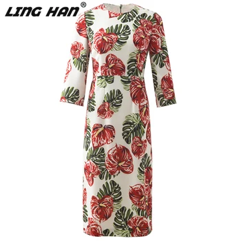 

LINGHAN Fashion Leaf Print Midi Pencil Dress Women Elegant Half sleeve Party Dresses Designer Spring Summer New