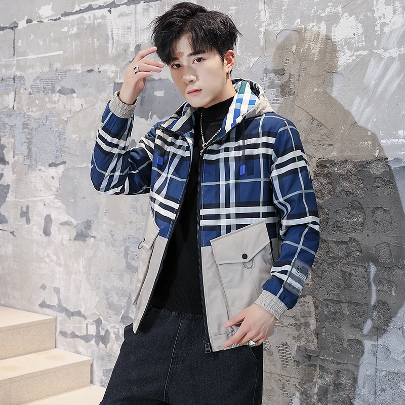 

Autumn New Jacket Men Slim Fashion Plaid Stitching Casual Hooded Jacket Man Streetwear Wild Hip Hop Bomber Jacket M-3XL