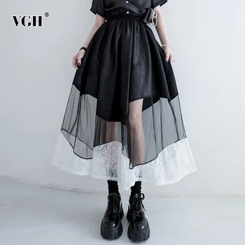 

VGH Casual Patchwork Asymmetrical Women Skirts High Waist Ruched Lace Mesh Irregular Hem Skirt For Female Fashion Clothing Tide