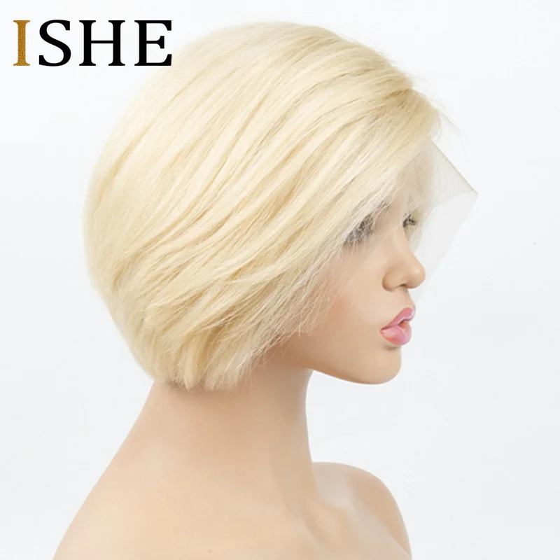 Блонд, причёска Боб с прямыми волосами, парики без клея, Pixie Cut 13x6, боковая часть, кружевные передние человеческие волосы, Короткие парики, черный, красный, remy волосы для женщин - Цвет: #613
