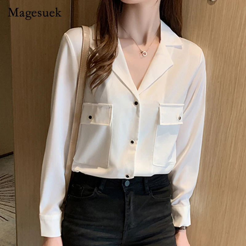 

Корейская универсальная шифоновая блузка с V-образным вырезом и большими карманами и длинными рукавами, Осень-зима 2021, модная женская рубашка в новом стиле, блуза 10492