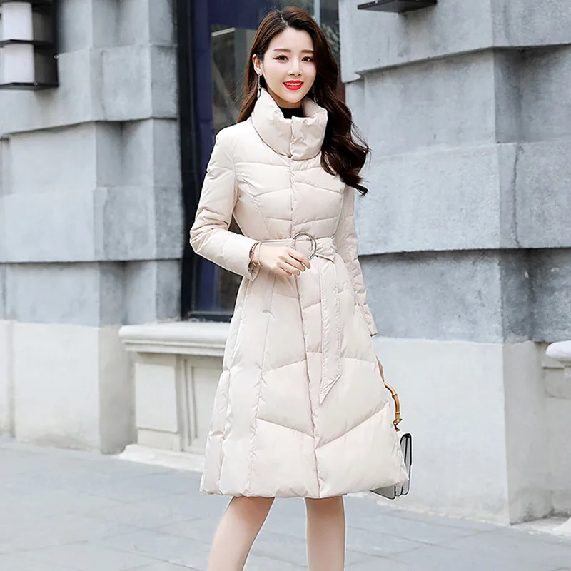 

2019 Autumn And Winter New Style Fashion Stand Collar Cotton Coat Women's Mid-length Korean-style Elegant Lace-up Waist Hugging