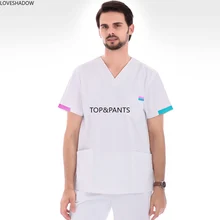 [Набор] Мужской Хлопковый комплект с v-образным вырезом контрастного цвета, топ с коротким рукавом+ штаны, рабочая одежда, мужская униформа медсестры