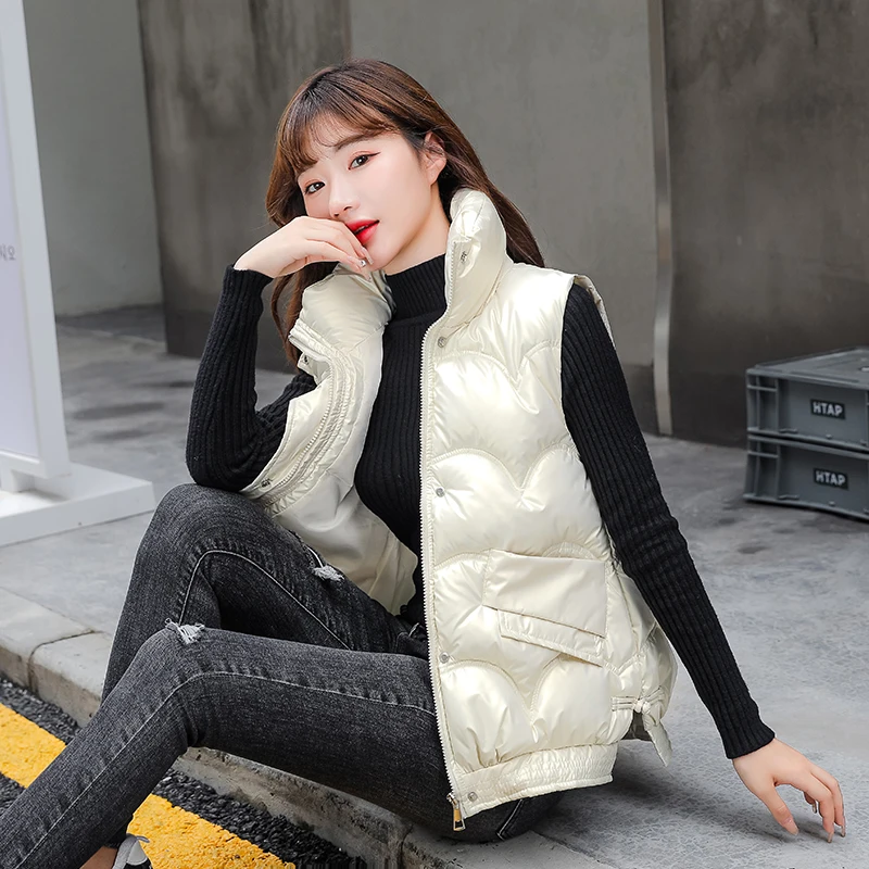 Autumn Winter Women's Casual Vest Stand Collar Bright Cotton Padded Waistcoat for Female  Glossy Sleeveless Puffer Vest womens parka