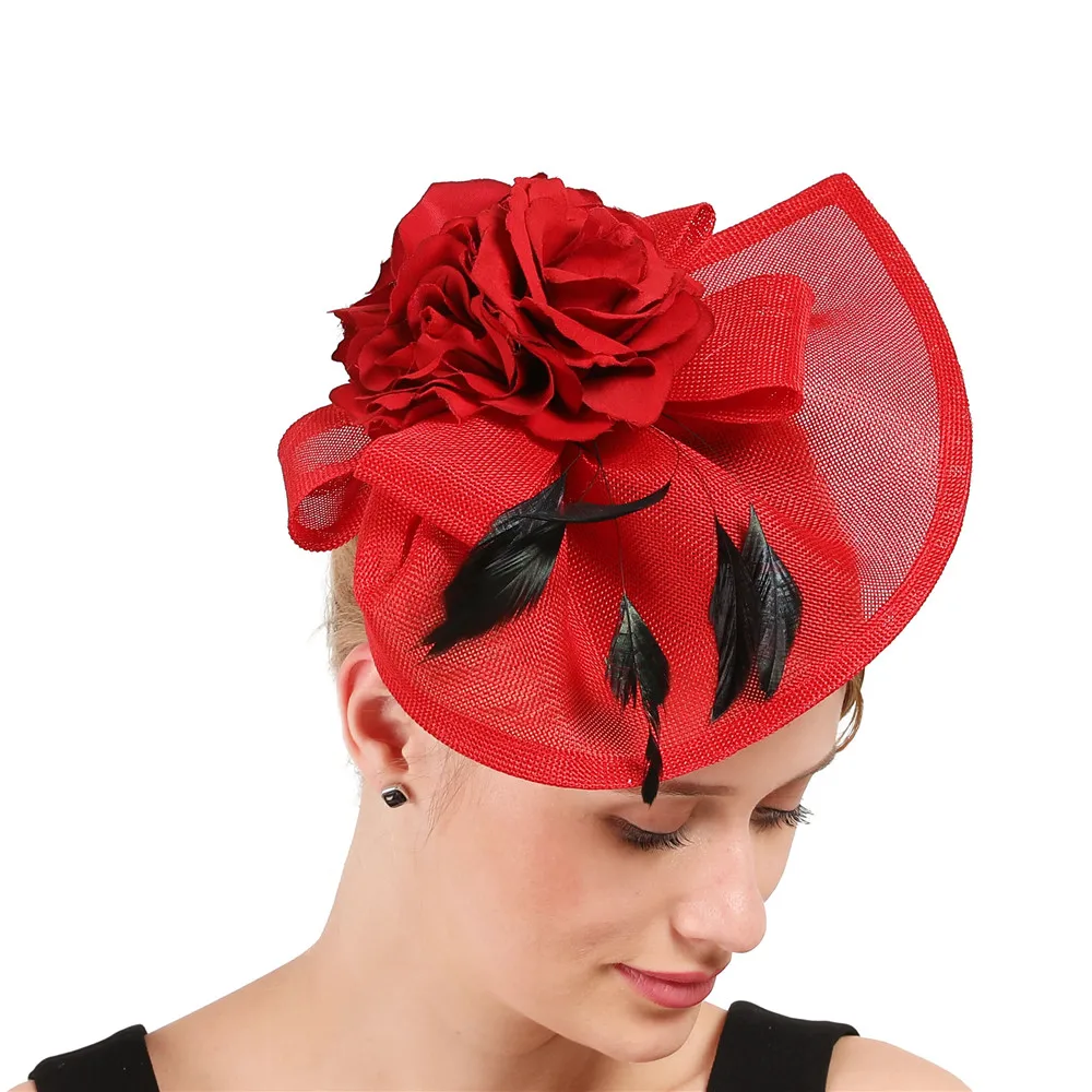 

NEW red cocktail hat flowers imitation Sinamay fascinators hats with feather for summer Kentucky Derby wedding party race Event