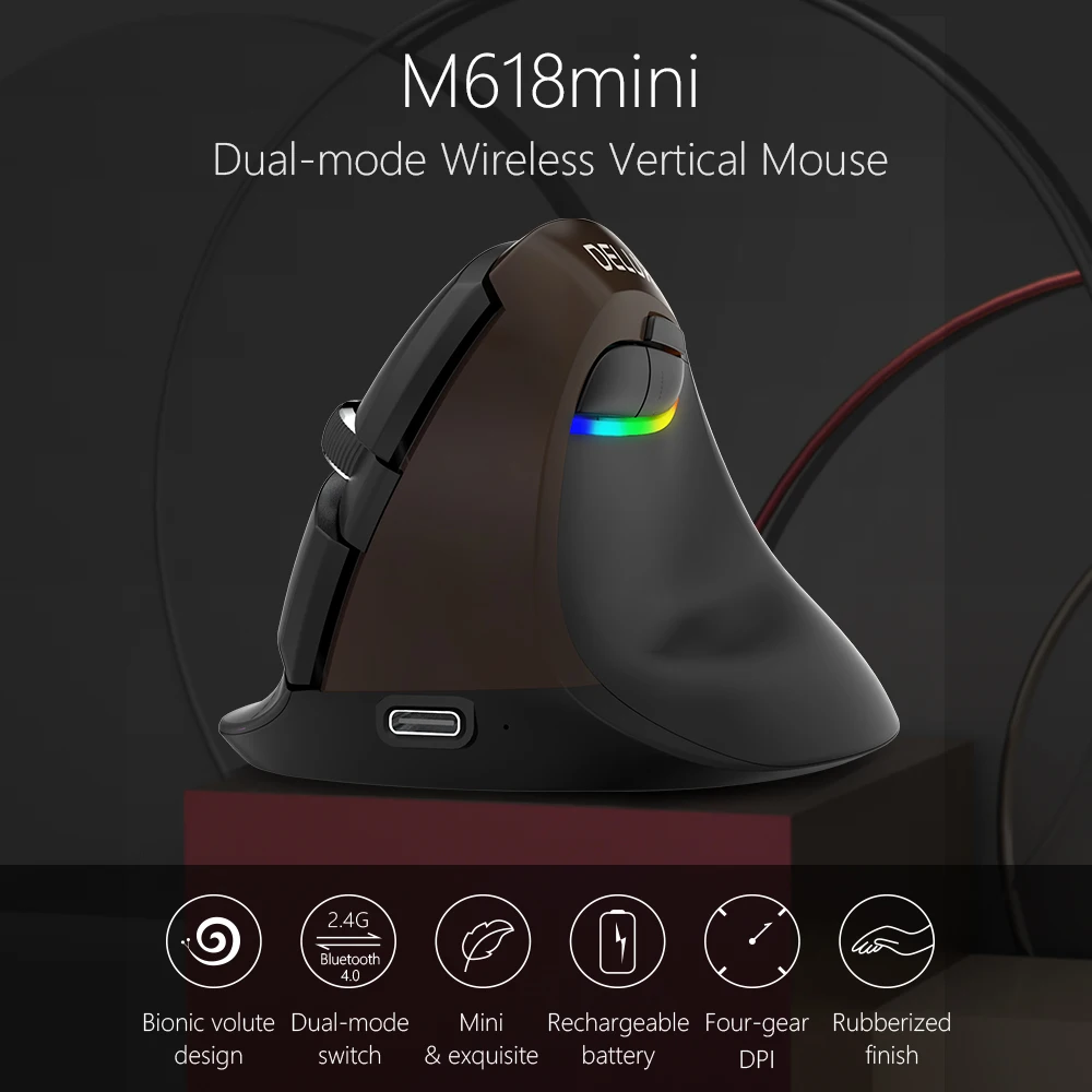 Delux M618 Mini Jet Black беспроводная мышь с Bluetooth 4,0+ 2,4 ГГц, двойной режим, перезаряжаемая Бесшумная Вертикальная мышь для ПК