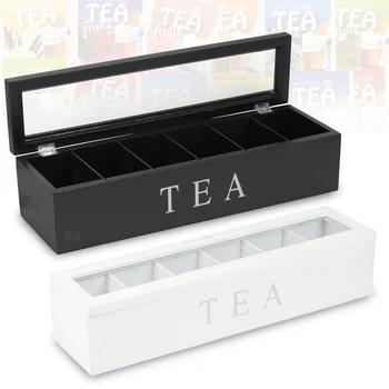 

Wooden Rectangular Tea Box Transparent 6 Compartments, Storage Box For Tea And Coffee, Wooden Tea Box Organiser For Kitchen