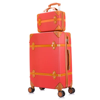 Чемодан на колесиках, Женский жесткий ретро чемодан на колесиках, набор багажа на колесиках с косметичкой, винтажный чемодан, набор для девушек, студентов - Цвет: red set