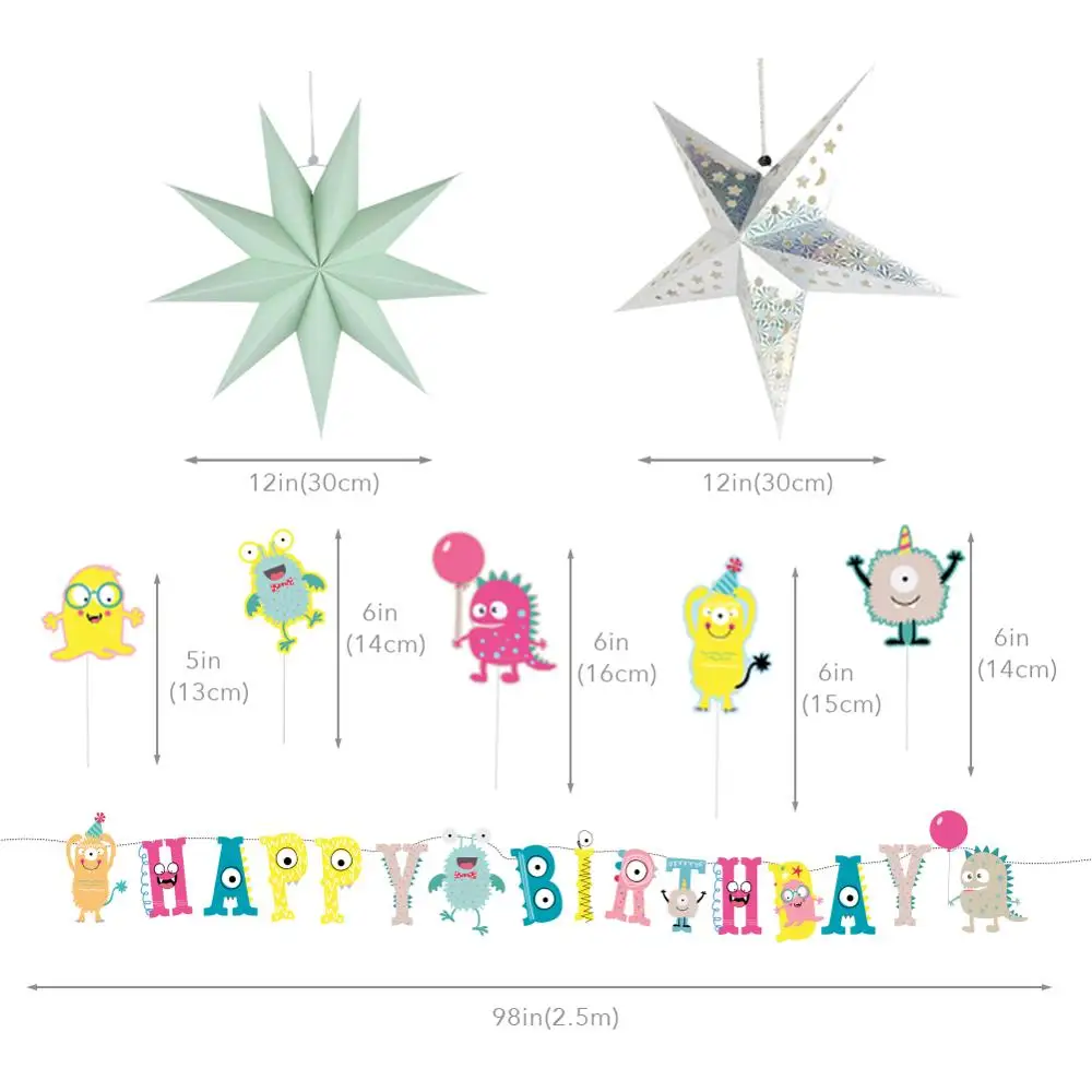 16 шт., украшения для дня рождения монстра, розовая мята, желтая бумага, вентиляторы, латексные шары, детский набор для вечеринки на день рождения