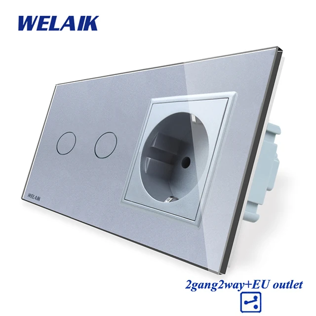 WELAIK 2frame-панель из кристаллического стекла-настенный выключатель-ЕС сенсорный экран-ЕС настенная розетка 2ганг-2way AC250V A29228ECW/B - Цвет: Gray