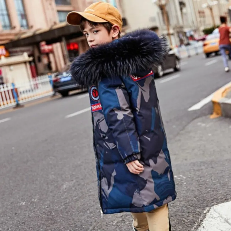 

2019 New Children Winter Clothes Boys Long Down Jacket Thicken Warm Coat Student Fashion Casual Coat With Raccoon Fur Collar