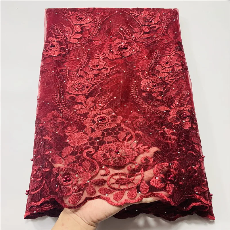 

Red African Lace Fabric Embroidered Nigerian Guipure for Wedding High Quality French Tulle Lace Fabric
