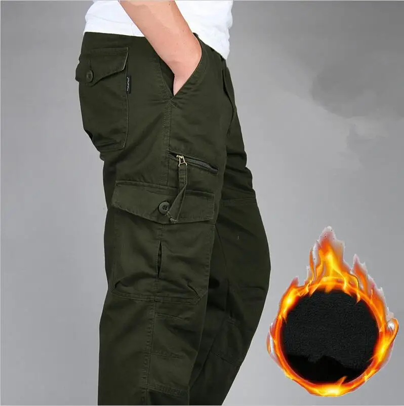 Army green Мужские зимние хлопковые флисовые теплые брюки карго мужские брюки для пробежек ветровки комбинезоны мужские Свободные мешковатые Joger военные тактические брюки - Цвет: Army green