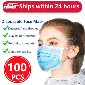 

100 pcs Face Mouth Mask One Time 3Layer Respirator Mask Disposable Anti Dust Meltblown Cloth Nonwoven Fabric Masks Earloops Mask