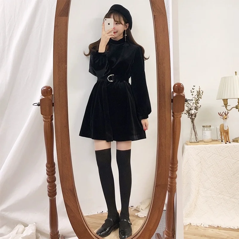 

QWEEK Black Velevt Dress Women Streetwear Korena Style Lantern Sleeve Slim Sashes Dress Mini Dresses for Women Autumn Winter