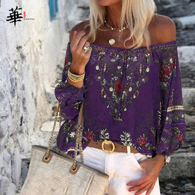 

Sexy Slash Neck Boho Women Blouses Lantern Sleeve Shirt Lace-up Tassel Off Shoulder Blouse Shirts Ladies Summer Casual Loose Top