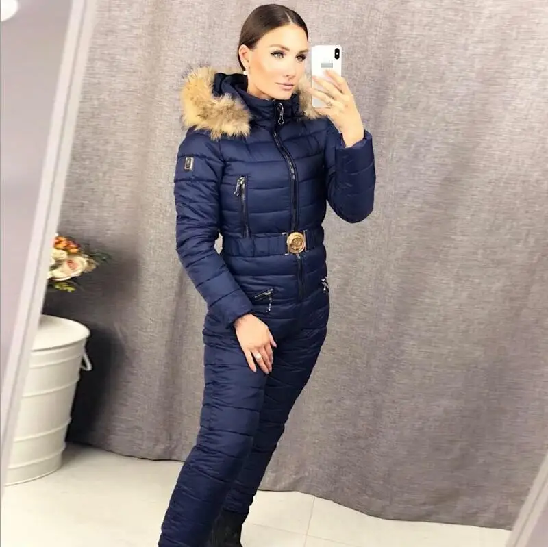 Navy Blue Зимняя новая черная цельная Лыжная одежда Пояс Женская цельная хлопковая одежда 1,5 кг - Цвет: Navy Blue