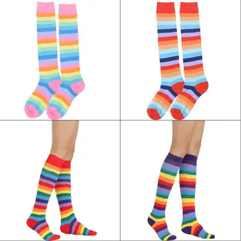 

Women Men Cotton Knee High Long Rainbow Colorful Stripes Patchwork Cosplay Costume Stretchy Knitted Student Stockings
