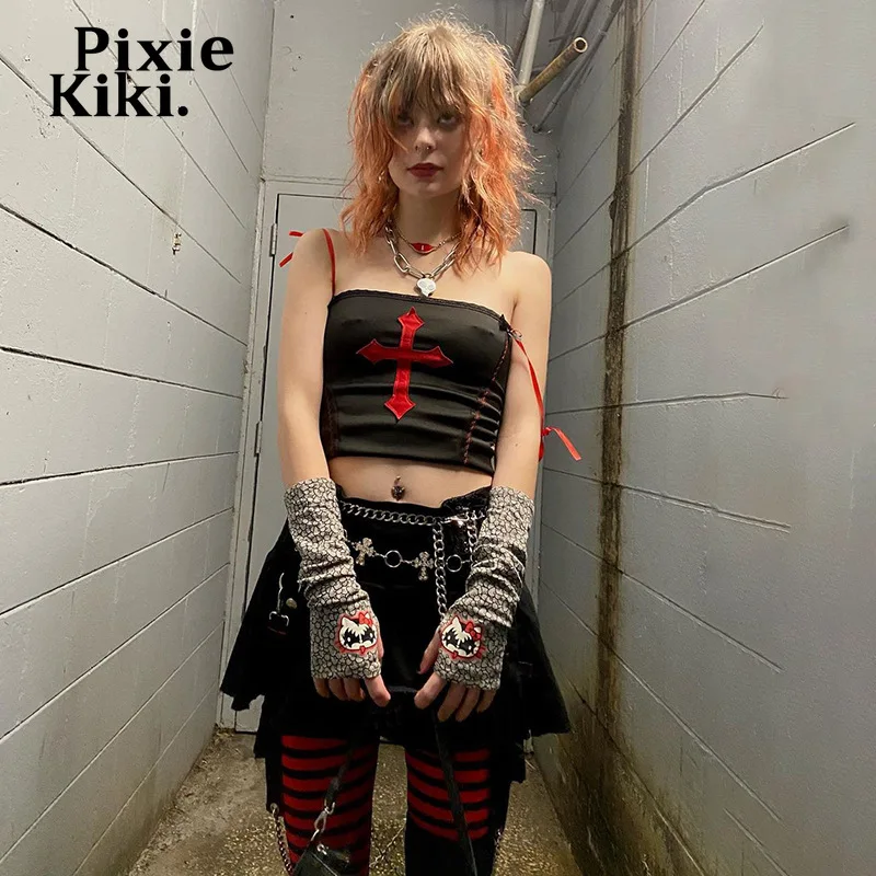 PixieKiki Dark Academia E ragazza croce ricamo nero Crop Top donna Indie  estetica Grunge vestiti Goth Cami canotta P80 BC10|Camis| - AliExpress
