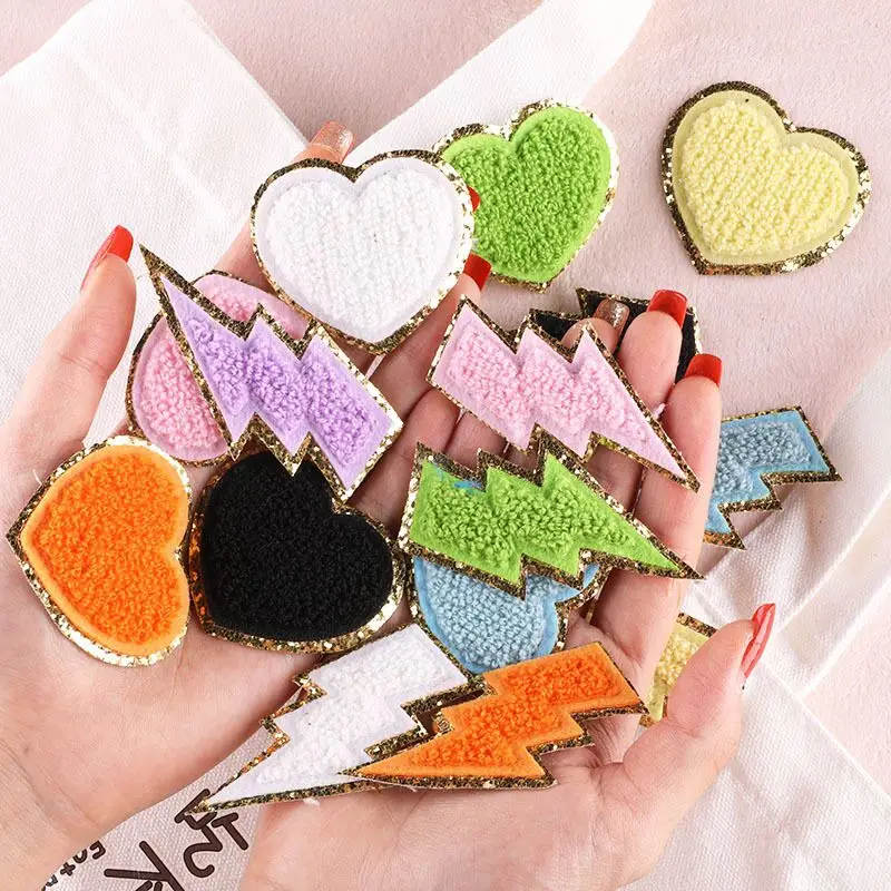 Lightning Heart Shape Pink Yellow Towel Iron On Chenille Embroidered Alphabet Letters Clothes Patch For Clothing Girl Bulk PrIce | Дом и сад