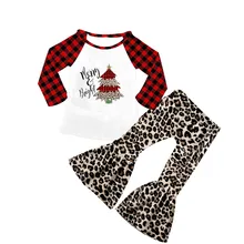 Toddler little girls Christmas popular red and brown leopard Winter long sleeve raglan shirt bell bottom outfits baby clothes
