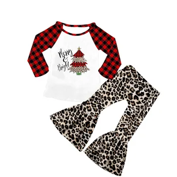 

Toddler little girls Christmas popular red and brown leopard Winter long sleeve raglan shirt bell bottom outfits baby clothes