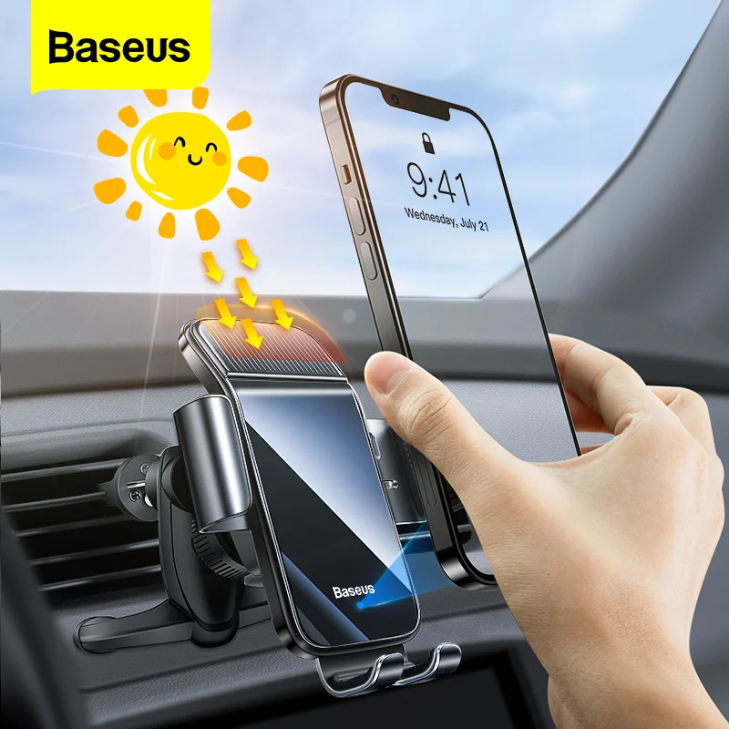 cell phone stand holder Baseus Solar Car Phone Holder Electric Induction Bracket For iPhone 13 Xiaomi Cellphone Holder Car Air Vent Clip Phone ​Stand cell phone stand