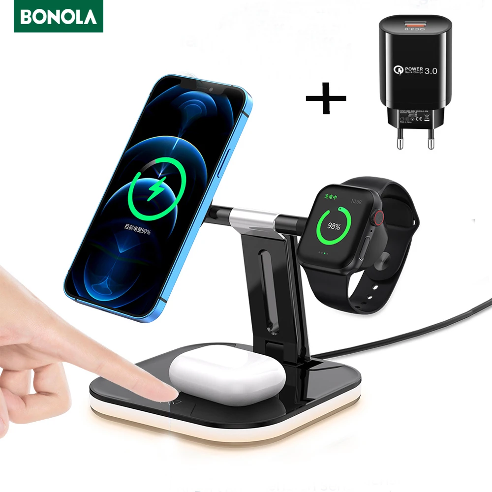 Bonola 3 in 1 Wireless Charger Dock Station for Magsafe iPhone 12 Pro Max/12 Mini Fast Charger Stand for Airpods Pro/Apple Watch