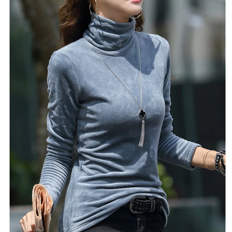 Серый Blusa футболка женская плюс бархатная Толстая Водолазка Осень Зима Женская футболка с длинным рукавом футболка размера плюс женская одежда - Цвет: Серый