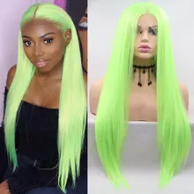 Bombshell светильник зеленый длинный прямой синтетический 13*4 парик фронта шнурка Glueless натуральный волос средний пробор для белых женщин парики