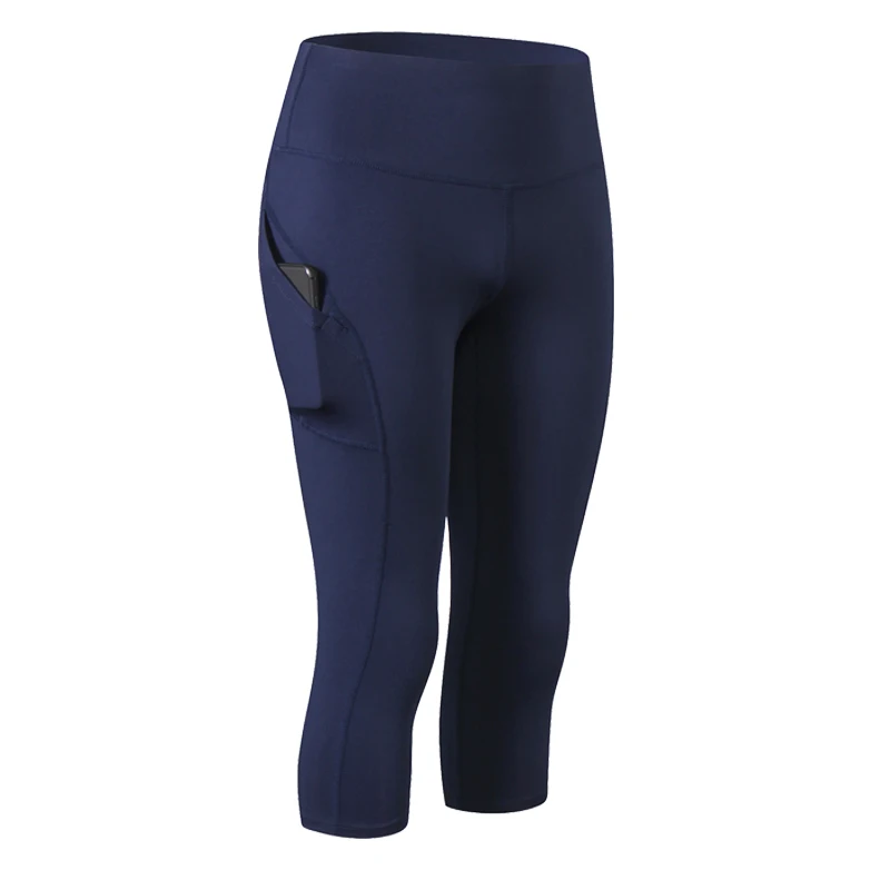 Navy Blue Женщины Капри Леггинсы для спорта Высокая талия Леггинсы с карманами 3/4 Йога Компрессионные Леггинсы с колготками Женский тренажерный зал брюки карманы - Цвет: Navy Blue