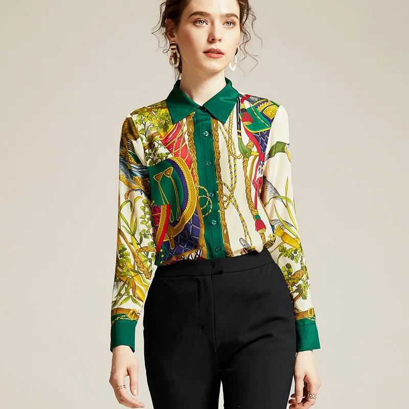 Blusas Mujer De Moda новые женские рубашки женские топы с принтом Питер Пэн воротник Офисная Леди натуральный шелк высокое качество - Цвет: Mixed