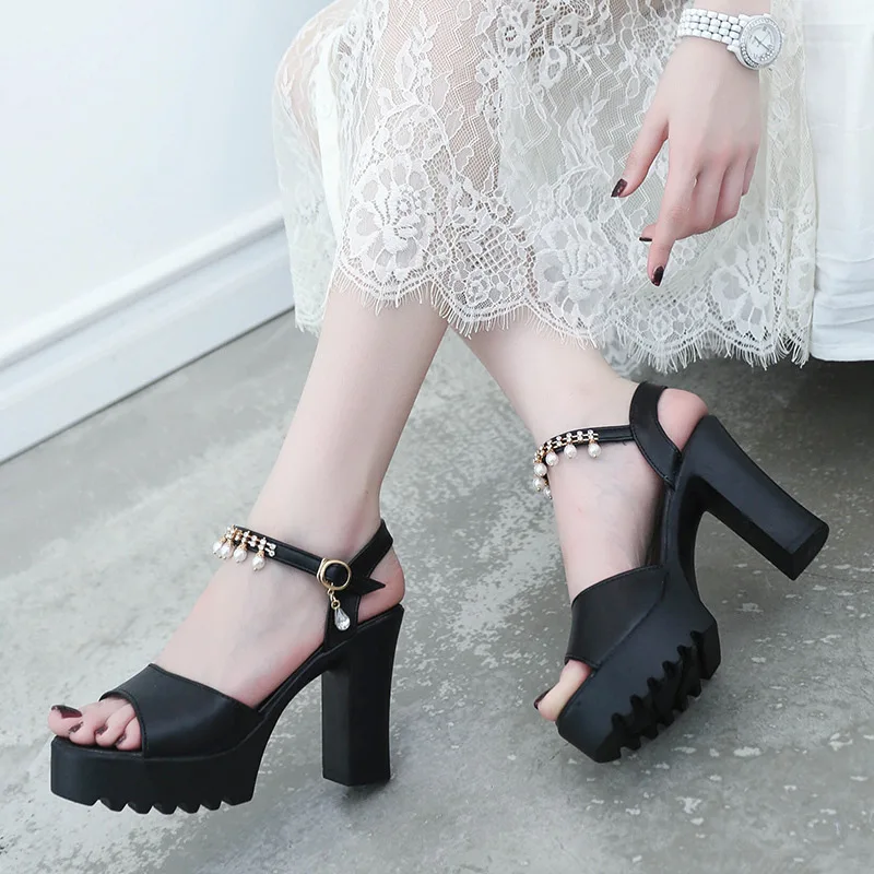 

Women's 2019 Summer New Style Fashion Man-made Diamond Pearl Pendant A- line with Waterproof Platform Chunky-Heel Fish Mouth Hig