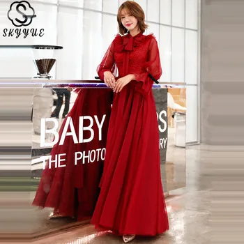 

Skyyue Evening Dresses Sweetheart Solid Floor-Length Robe De Soiree Long Sleeve Plus Size A-Line Women Party Dresses LX1339