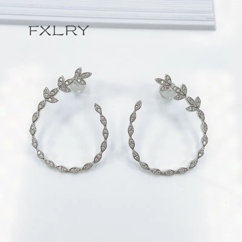 

FXLRY New High Quality S925 Sterling Silver Micro Inlaid Zircon Open Circle Flower Leaf Earrings For Women Fine Jewelry
