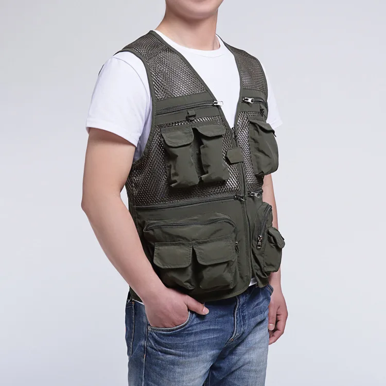 Летний мужской жилет для фотосъемки, жилет для рыбалки, открытый жилет с несколькими карманами, сетчатый наружный рекламный мужской жилет