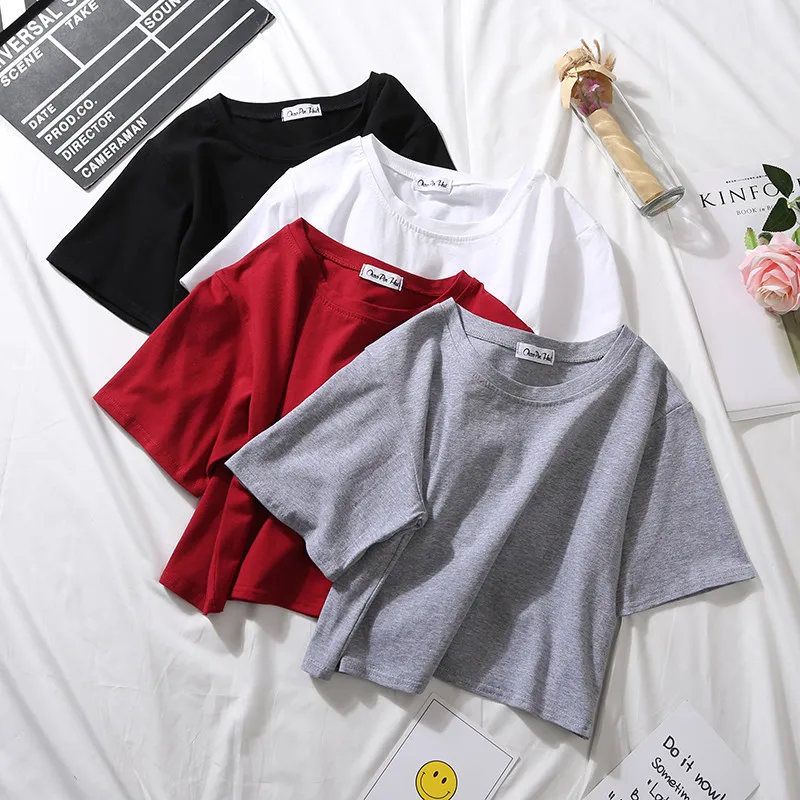 2020 Summer Short Sleeve T Shirts Women Cotton Solid T-shirt  O Neck High Waist Crop Top Tee Female Casual Loose  T Shirt