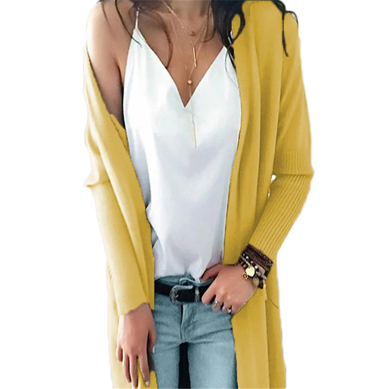 Yellow Вязаный кардиган, женский кашемировый однотонный топ, свитер,, корейский стиль, одежда для женщин, свободный свитер, Женский Повседневный зимний длинный кардиган - Цвет: Yellow