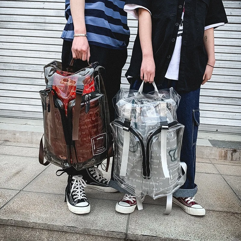 

2019 new transparent large capacity double shoulder bag outdoor travel trendy male and female student bag