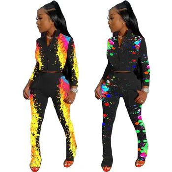 

Painted Print Women Two Piece Tracksuit Front Zipper Long Sleeve Slim Crop Top and Bodycon Flare Trouser Active Wear Sweatsuits