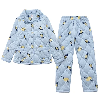 

Thick Warm Three-layer Women Quilted Sleepwear Winter Warm Cotton Pyjamas Plus Size Blue Pyjama Suit Nightwear 2 Pieces Pajama