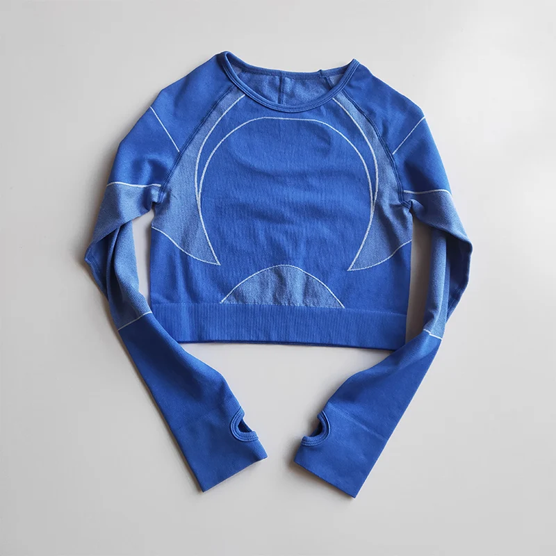blue top Тренировочная одежда для женщин, укороченный топ с длинным рукавом, рубашка+ леггинсы с высокой талией для спортзала, бесшовный комплект из 2 предметов для йоги, одежда для фитнеса - Цвет: blue top