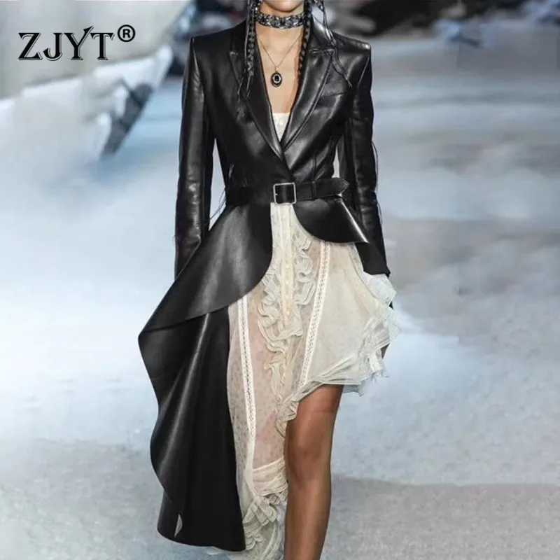 Подиумная дизайнерская искусственная кожа пальто для женщин осень зима длинный рукав Асимметричная ветровка женская верхняя одежда пальто
