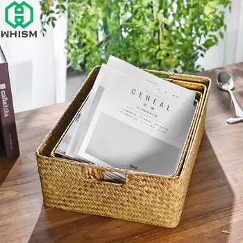 

WHISM Handmade Wickerwork Storage Box Desktop Sundries Basket Cosmetic Underwear Organizer Rattan Baskets Dirty Laundry Hamper