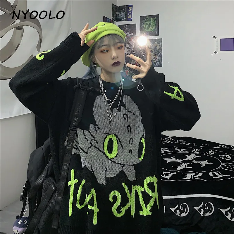 NYOOLO Harajuku Мультфильм Тритон моря буквы теплый вязаный свитер Осень Зима Свободный пуловер толстый свитер для женщин и мужчин