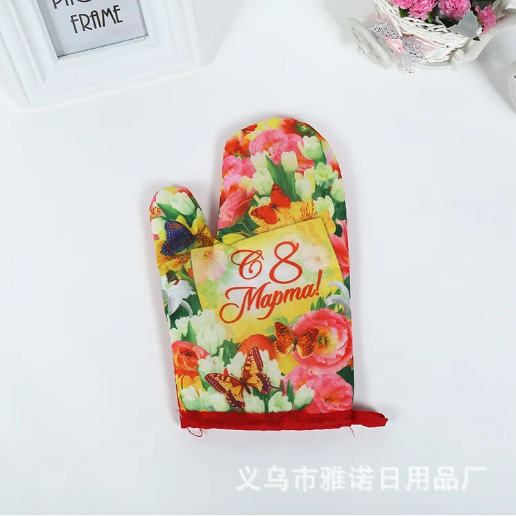 Thickened Polyester Fabric Microwave Oven Gloves Heat Resistant Canvas Printed Gloves Manufacturers Wholesale Kitchen Supplies B