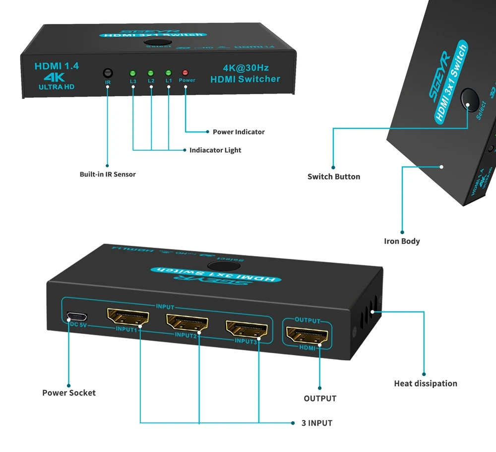 STEYR 4k HDMI коммутатор 1,4 3 порта концентратор коробка переключатель 3 в 1 выход коммутатор адаптер с пультом дистанционного управления для HD ТВ XBOX360 ТВ PS3 проектор