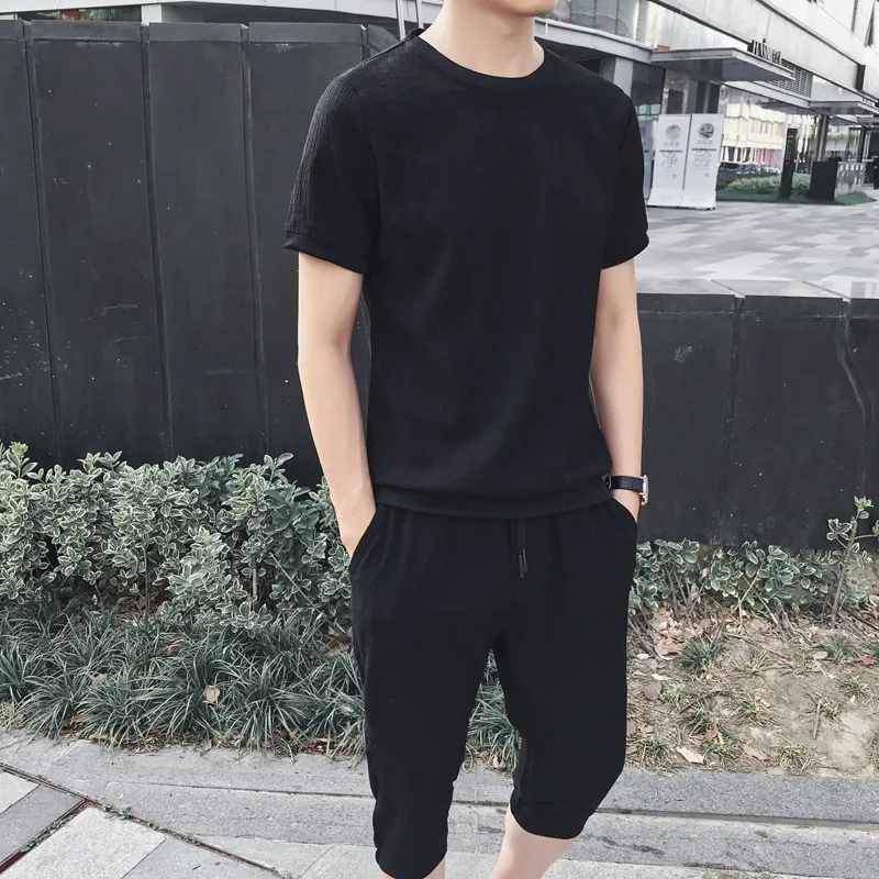 Fashion Casual Mens Short Sleeve T-Shirts Ankle Calf Length Pants Loose Fit Plus Size Male 2Pcs Sets Sportswear