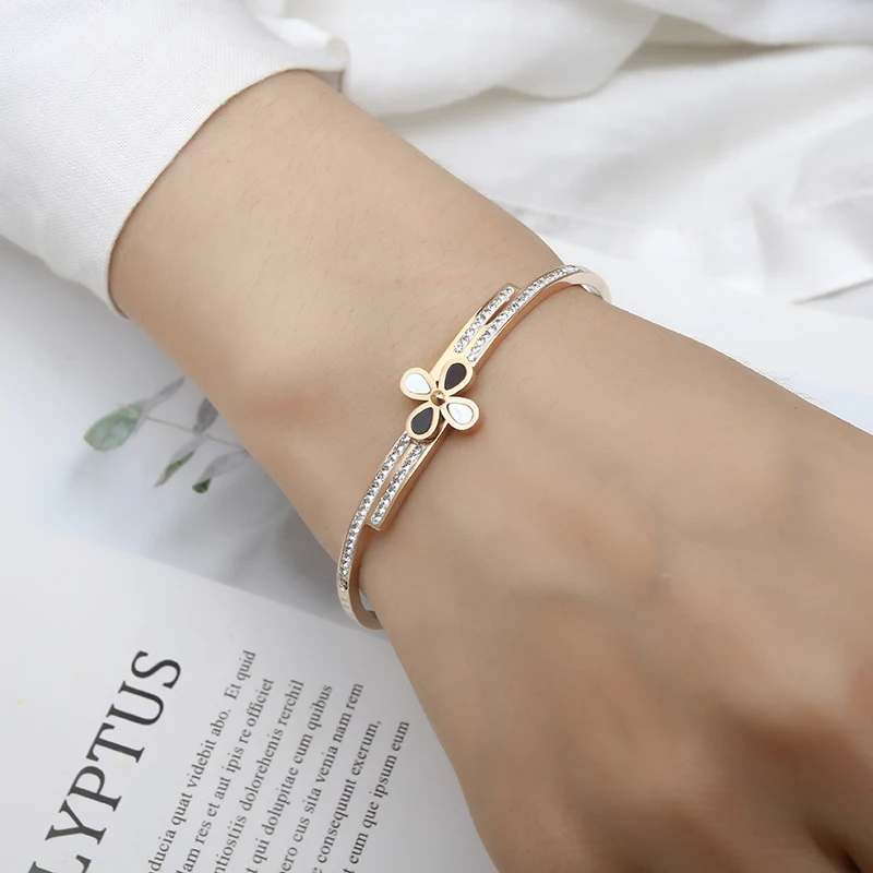 Новая Мода 316 нержавеющая сталь Розовое золото четырехлистный клевер браслет для женщин браслет с кристаллами лучший подарок ювелирные изделия